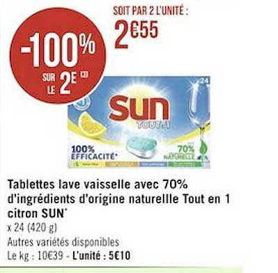 tablettes lave vaisselle avec 70% d'ingrédients d'origine naturelle tout en 1 citron sun