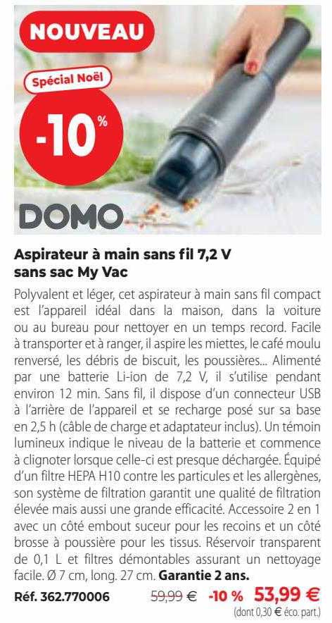 aspirateur à main sans fil 7,2v sans sac my vac domo