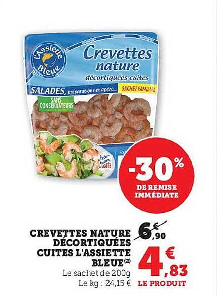 crevettes nature décortiquées cuites l'assiette bleue