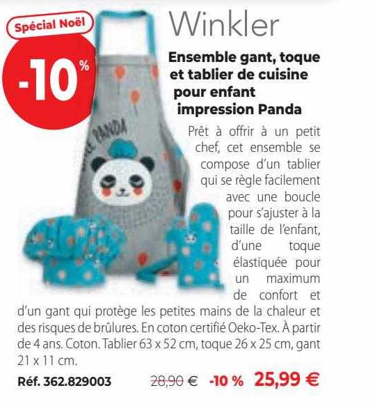 ensemble gant, toque et tablier de cuisine pour enfant impression panda winkler