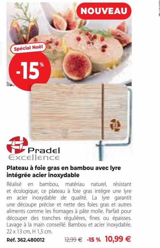 plateau à foie gras en bambou avec lyre intégrée acier inoxydable pradel excellence
