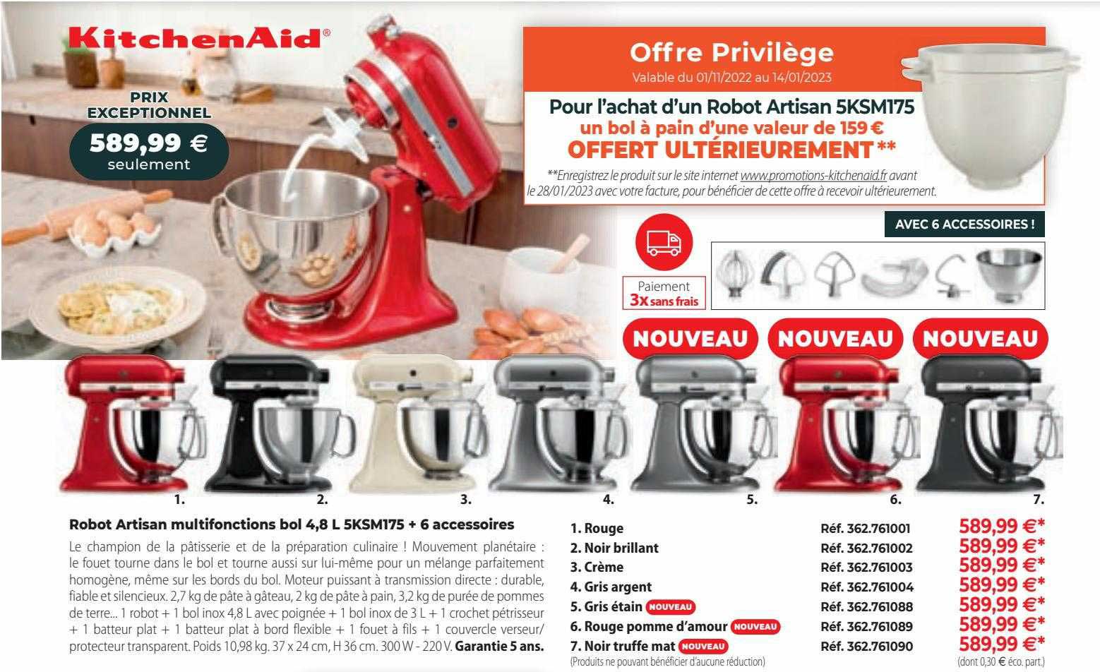 robot artisan multifonctions bol 4,8l 5ksm175 + 6 accessoires kitchenAid
