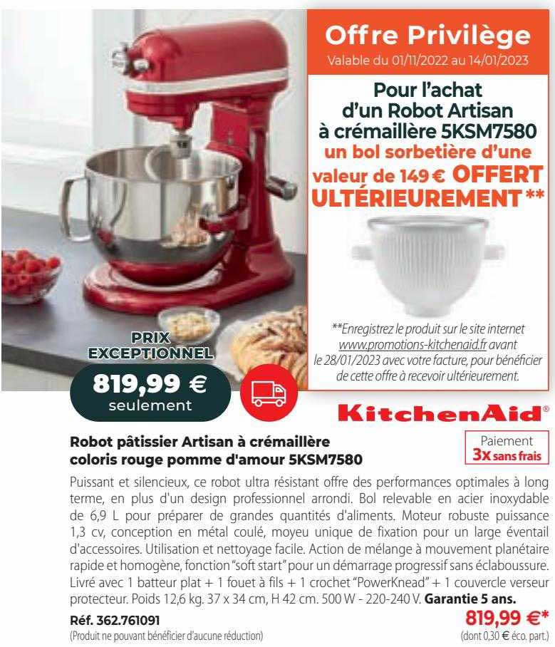 robot pâtissier artisan à crémaillère coloris rouge pomme d'amour 5ksm7580 kitchenAid