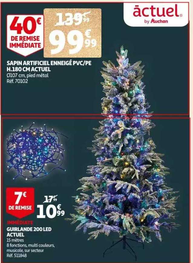 sapin artificiel enneigé pvc-pe h.180 cm actuel, guirlande 200 led actuel