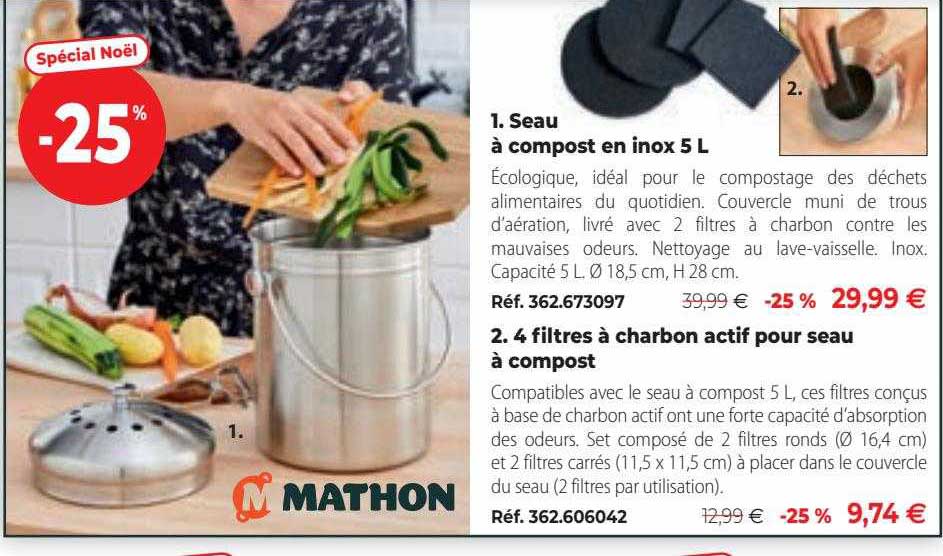 Seau à Compost En Inox 5l, 4 Filtres à Charbon Actif Pour Seau à Compost