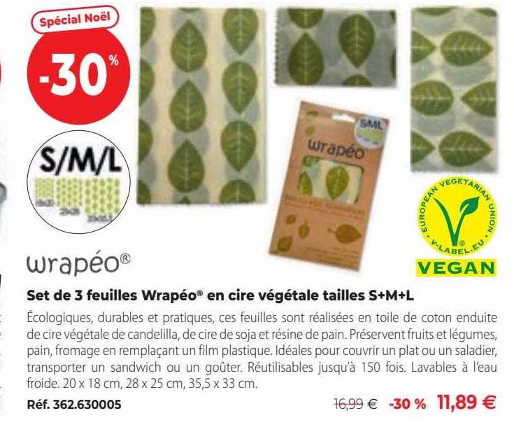 set de 3 feuilles wrapéo en cire végétale tailles s+m+l
