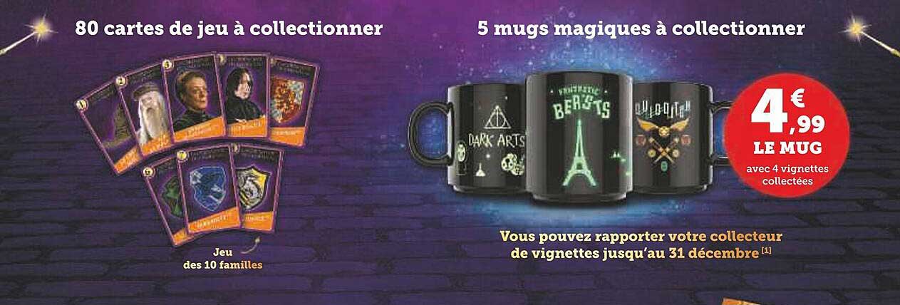 80 cartes de jeu à collectionner, 5 mugs magiques à collectionner