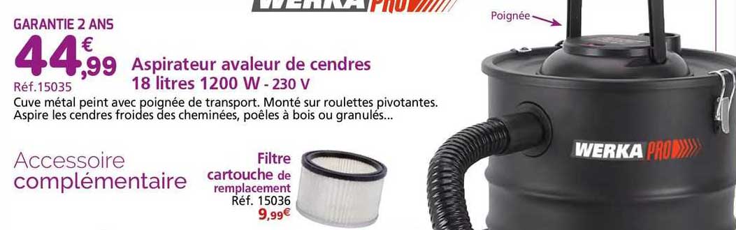 aspirateur avaleur de cendres 18 litres 1200 w - 230 w filtre cartouche de remplacement