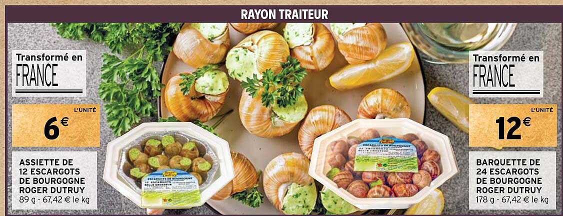 assiette de 12 escargots de bourgogne roger dutruy, barquette de 24 escargots de bourgogne roger dutruy