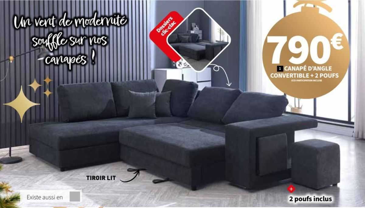 canapé d'angle convertible + 2 poufs