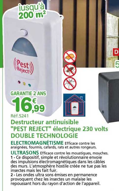 destructeur antinuisible "pest reject" électrique 230 volts double technologie