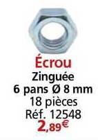 écrou zinguée 6 pans ø 8 mm