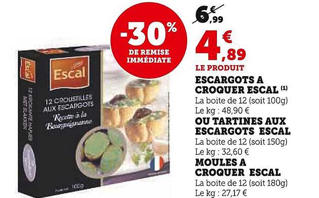 escargots à croquer escal ou tartines aux escargots escal, moules à croquer escal