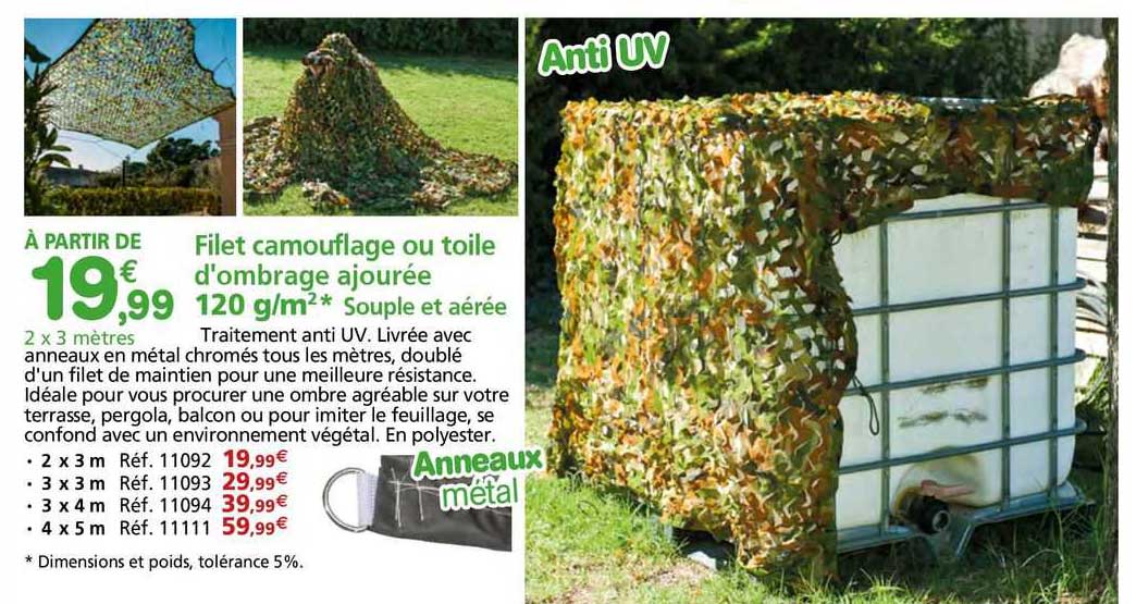 filet camouflage ou toile d'ombrage ajourée 120 g/m²