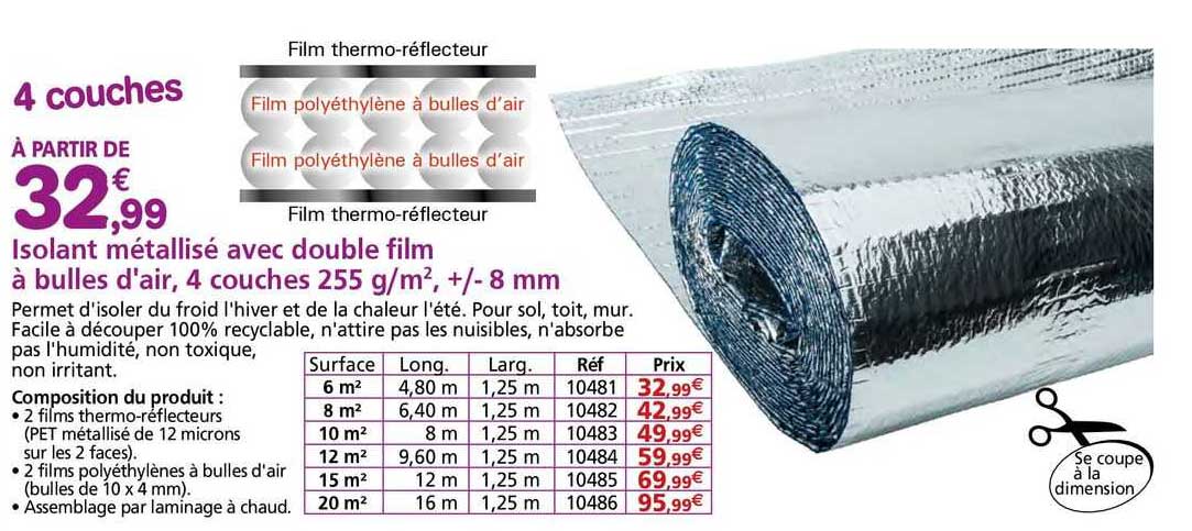 isolant métallisé avec double film à bulles d'air, 4 couches 255 g/m²