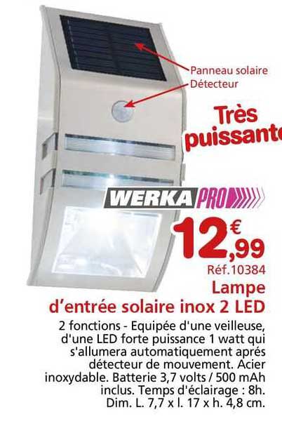 lampe d'entrée solaire inox 2 led werka pro