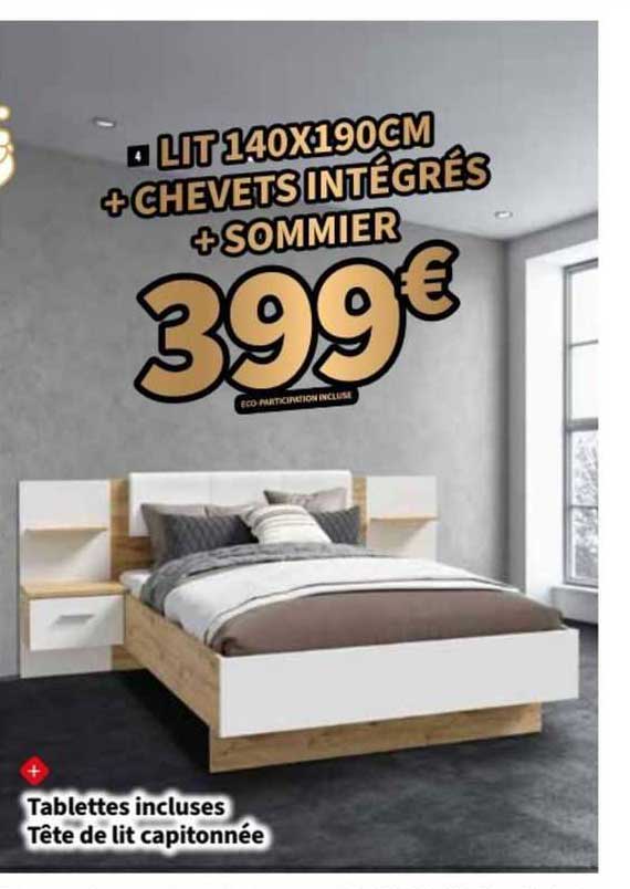 lit 140 x 190 cm + chevets intégrés + sommier