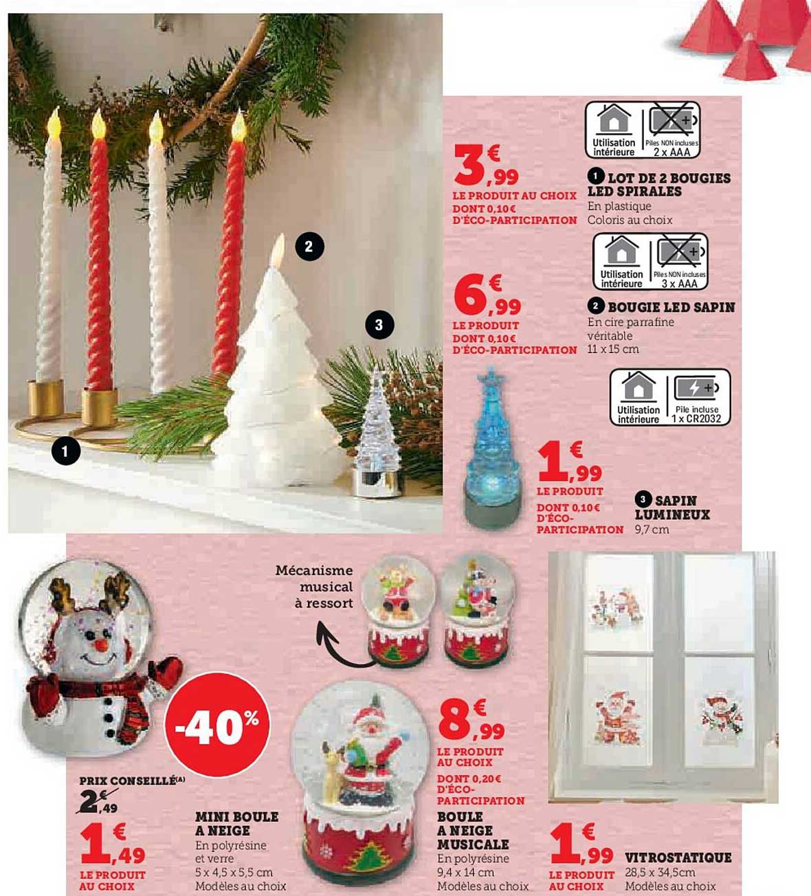 lot de 2 bougies led spirales, bougie led sapin, sapin lumineux, vitrostatique, boule à neige musicale, mini boule à neige