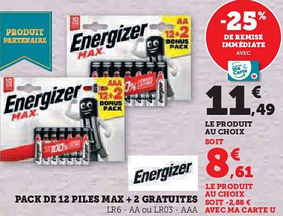pack de 12 piles max + 2 gratuites energizer