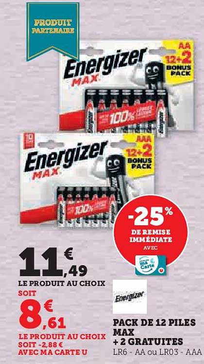 pack de 12 piles max + 2 gratuites energizer