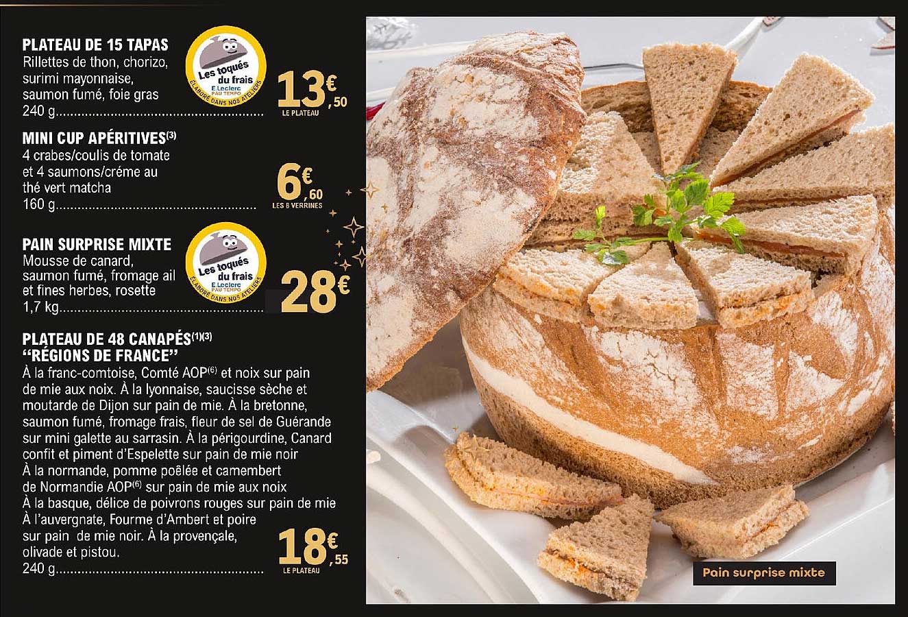 Plateau De 15 Tapas, Mini Cup Apéritives, Pain Surprise Mixte, Plateau De 48 Canapés "régions De France"