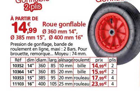 Roue Gonflable ø 360 Mm 14" ø 400 Mm 16"