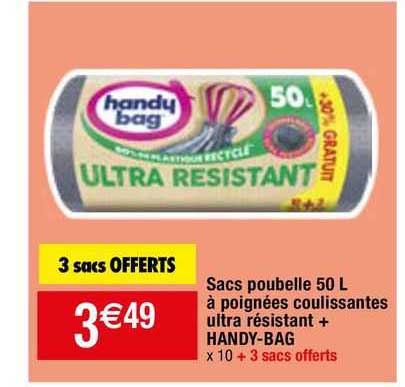 sacs poubelle 50 l à poignées coulissantes ultra résistant + handy-bag
