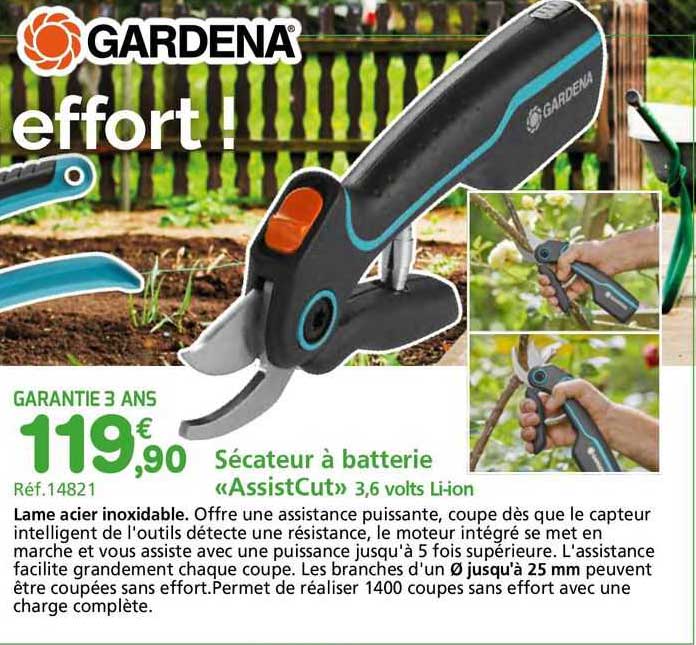 sécateur à batterie «assistcut» 3.6 volts li-ion gardena