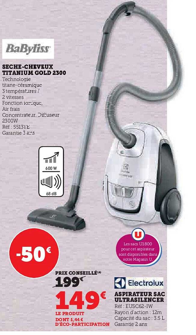 sèche-cheveux titanium gold 2300 babyliss, aspirateur sac ultrasilencer electrolux