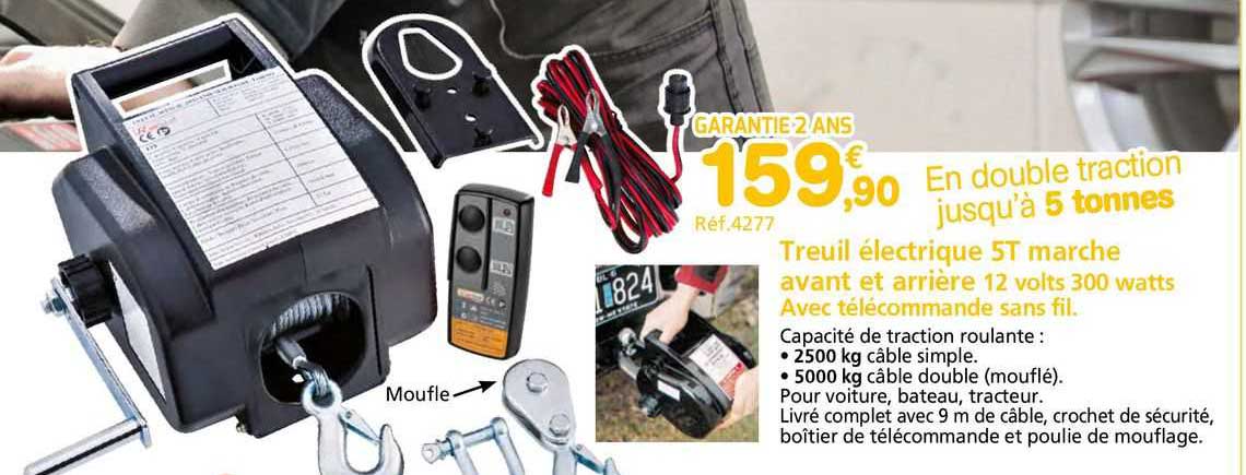 treuil electrique 5t marche avant et arrière 12 volts 300watts avec telecommande sans fil