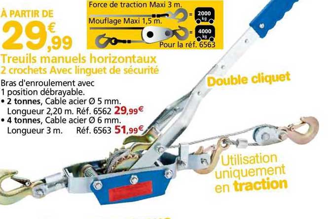 treuils manuels horizontaux 2 crochets avec linguet de securité