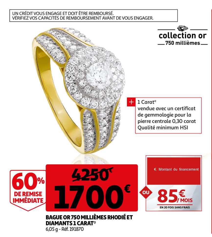 bague or 750 millièmes rhodié et diamants 1 carat