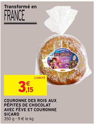 couronne des rois aux pépites de chocolat avec fève et couronne sicard