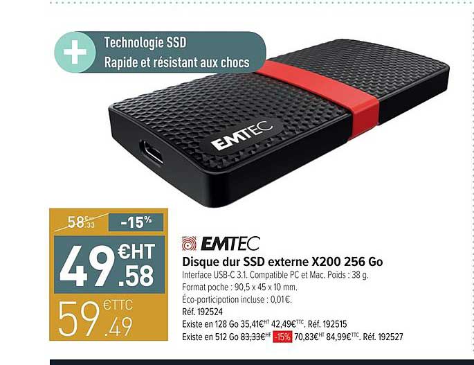 disque dur ssd externe x200 256 go emtec