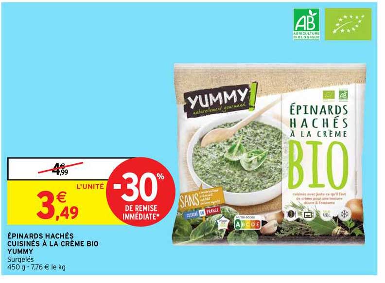 épinards hachés cuisinés à la crème bio yummy
