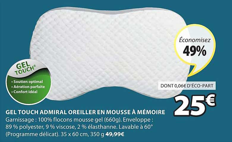 gel touch admiral oreiller en mousse à mémoire