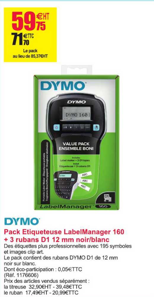 pack étiqueteuse labelmanager 160 + 3 rubans d1 12 mm noir-blanc dymo