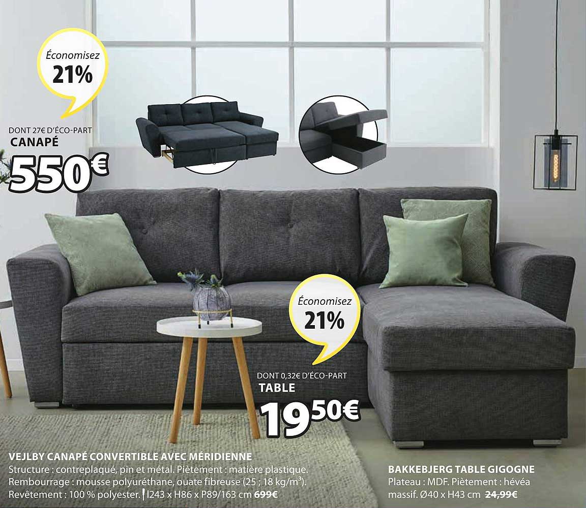 vejlby canapé convertible avec méridienne, bakkebjerg table gigogne