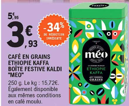 Café En Grain Ethiopie Kaffa Boîte Festive Kaldi "méo"