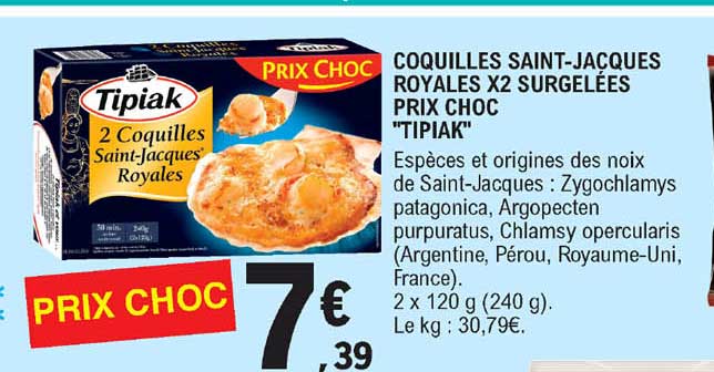 coquilles saint-jacques royales x2 surgelées prix choc "tipiak"