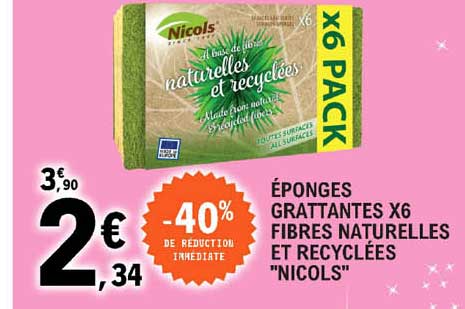 éponges grattantes x6 fibres naturelle et cyclées "nicols"