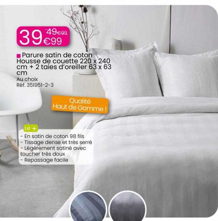 parure satin de coton housse de couette 220 x 240 cm + 2 taies d'oreille 63 x 63 cm