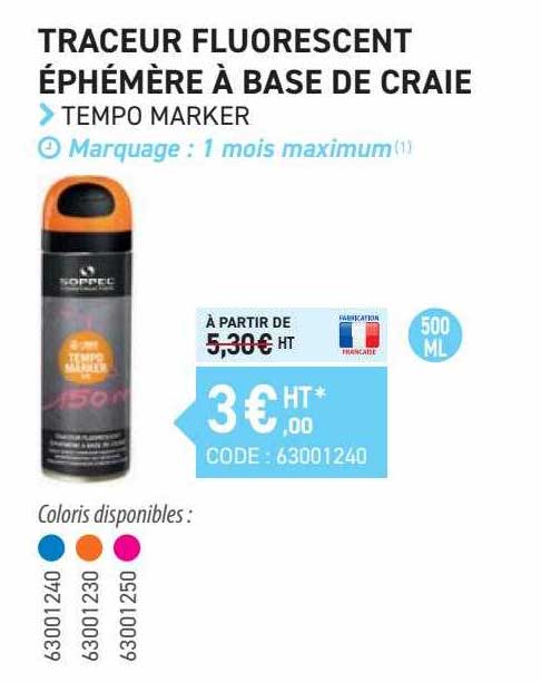 traceur fluorescent éphémère à base de craie tempo marker