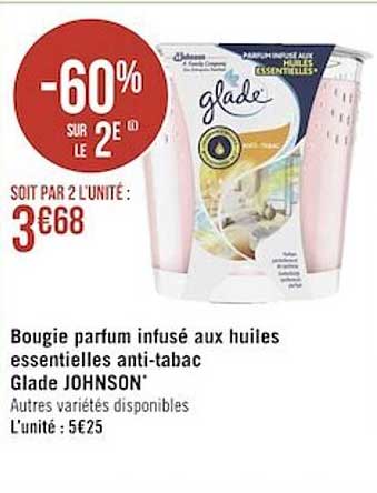 bougie parfum infusé aux huiles essentielles anti-tabac glade johnson
