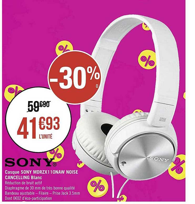 casque sony mdrzx110naw noise cancelling blanc sony