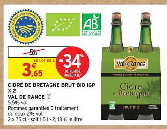 cidre de bretagne brut bio igp x2 val de rance