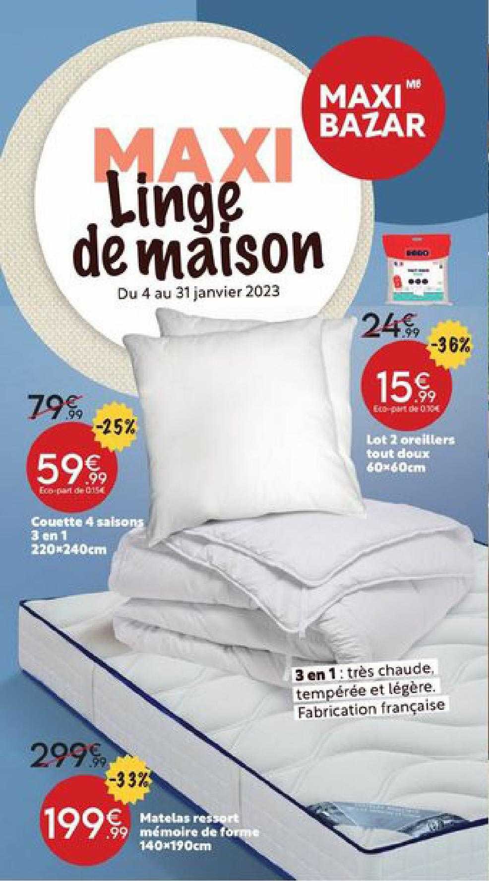 couette 4 saisons 3 en 1 220 x 240 cm, matelas ressort mémoire de forme 140 x 190 cm, lot de 2 oreillers tout deux 60 x 60 cm