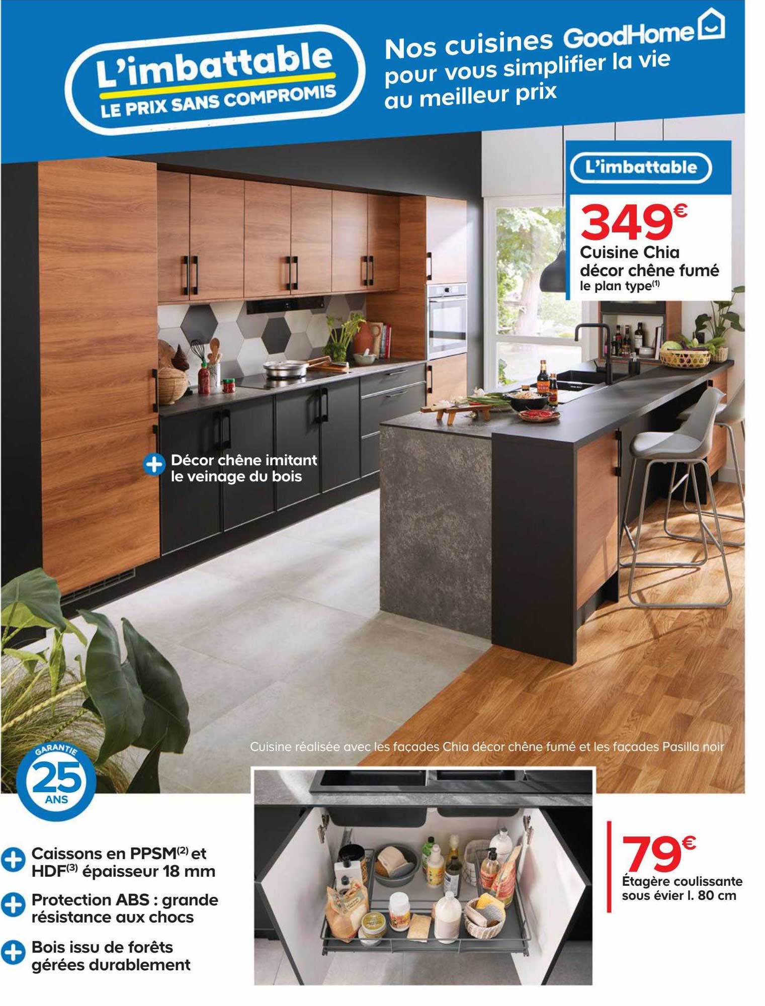 cuisine chia décor chêne fumé , étagère coulissante sous évier l. 80 cm