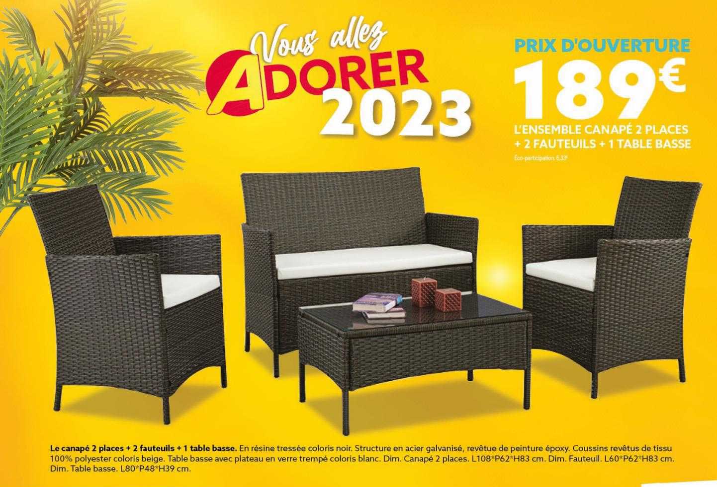 l'ensemble canapé 2 places + 2 fauteuils + 1 table basse