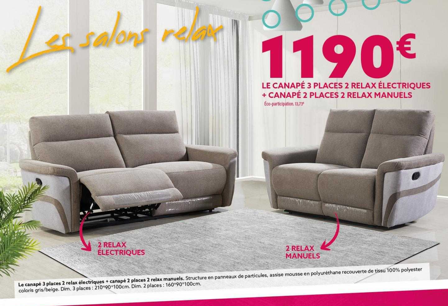 le canapé 3 places 2 relax électriques + canapé 2 places 2 relax manuels